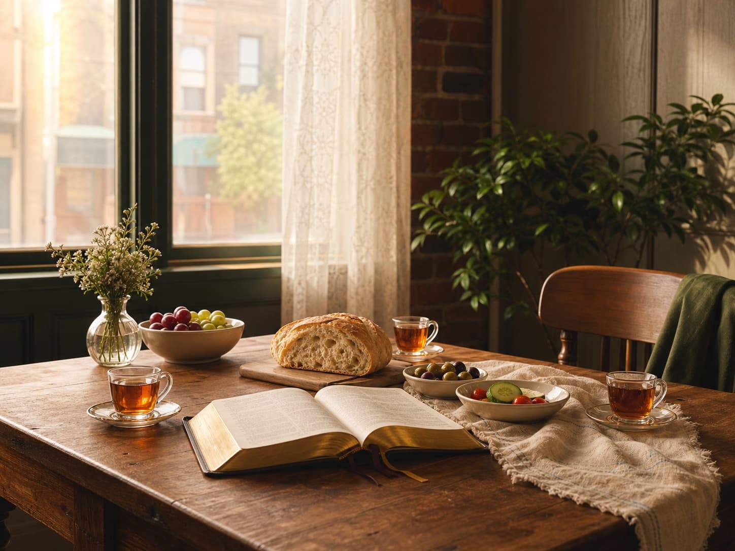 Tea, bread, and an open Bible on a sunlit table prepared for neighborly conversation